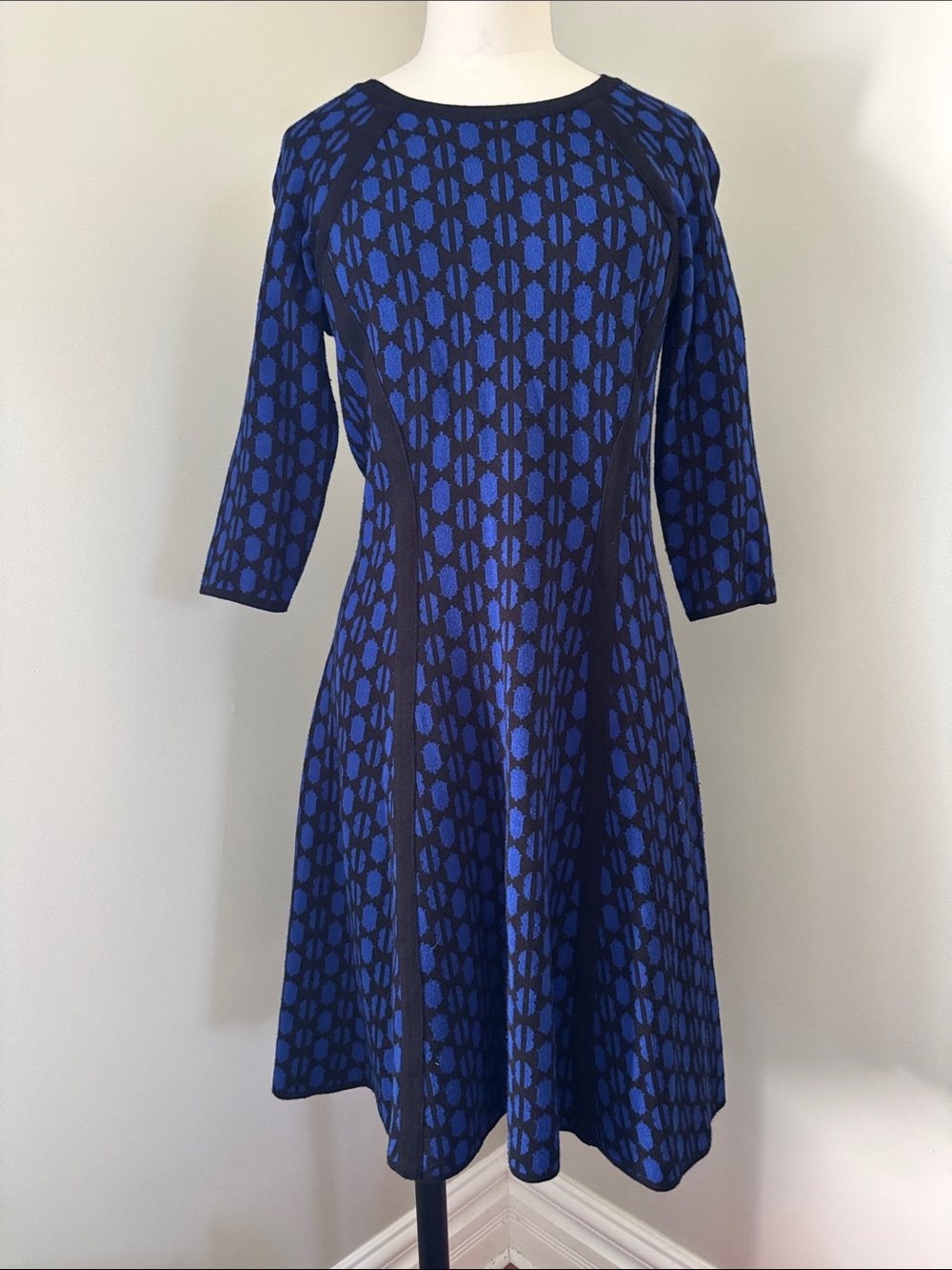 Taylor Navy and Black Geometric Patterned Woven A-Line Dress SzM
